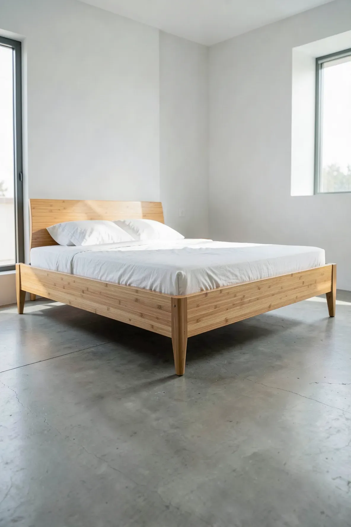 A solid bamboo bed frame with tapered legs and honey-toned wood grain in a modern room.