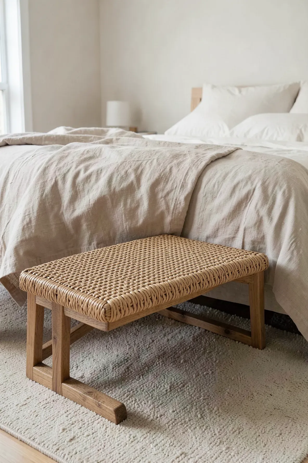 A handwoven rattan bench sitting at the foot of a bed with white linens.