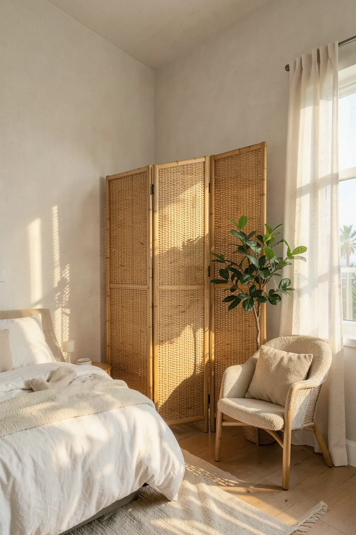 A three-panel bamboo privacy screen standing in a sunlit bedroom corner next to a cozy chair.