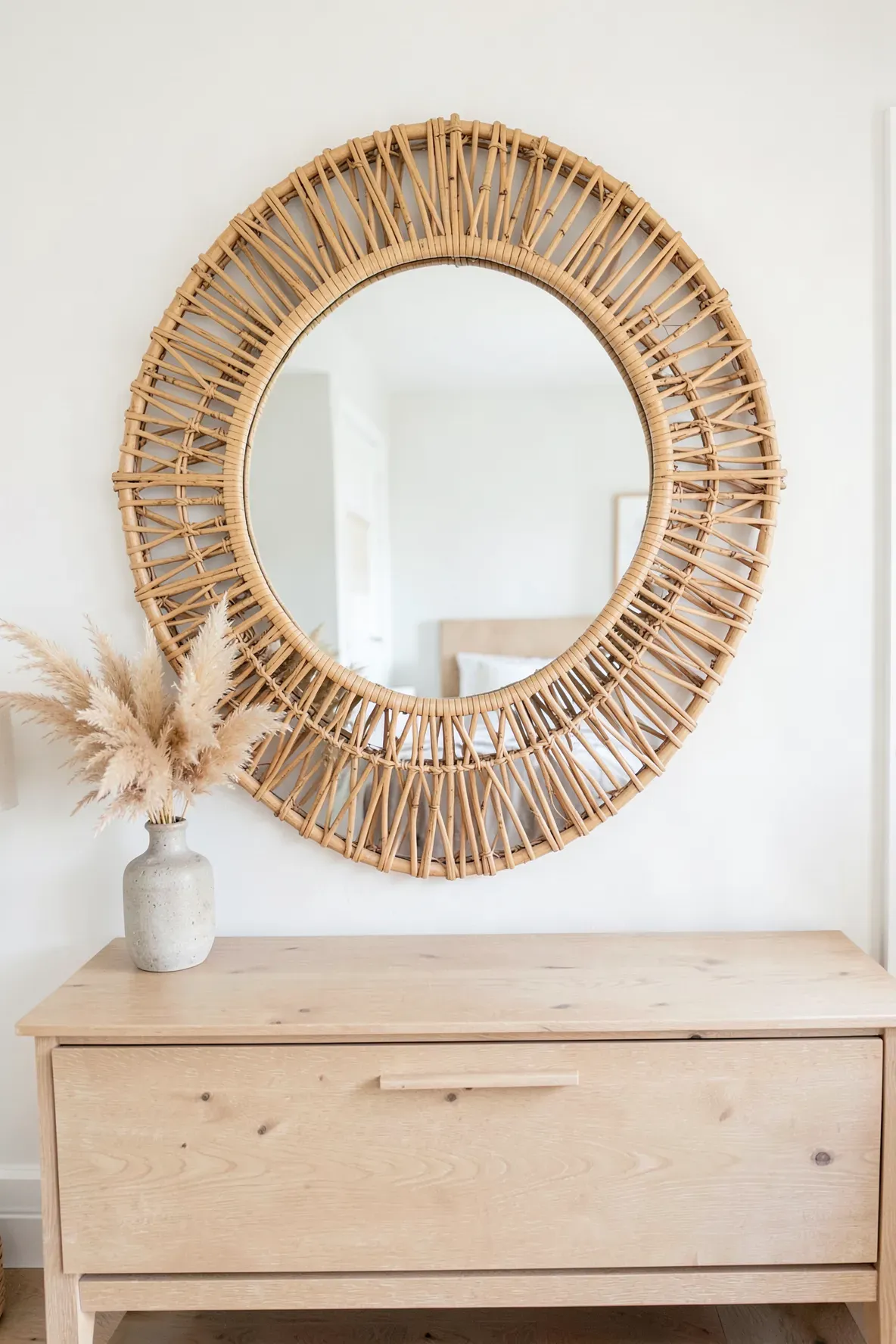 A decorative circular rattan sunburst mirror hanging on a white wall above a wooden bedroom dresser.