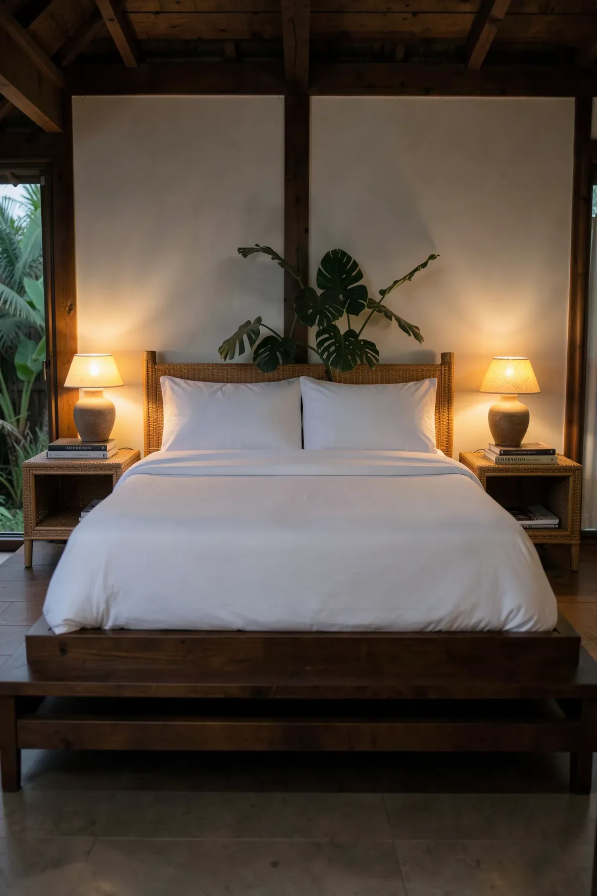 Matching low-profile rattan nightstands with open shelves on either side of a bed in a tropical style room.