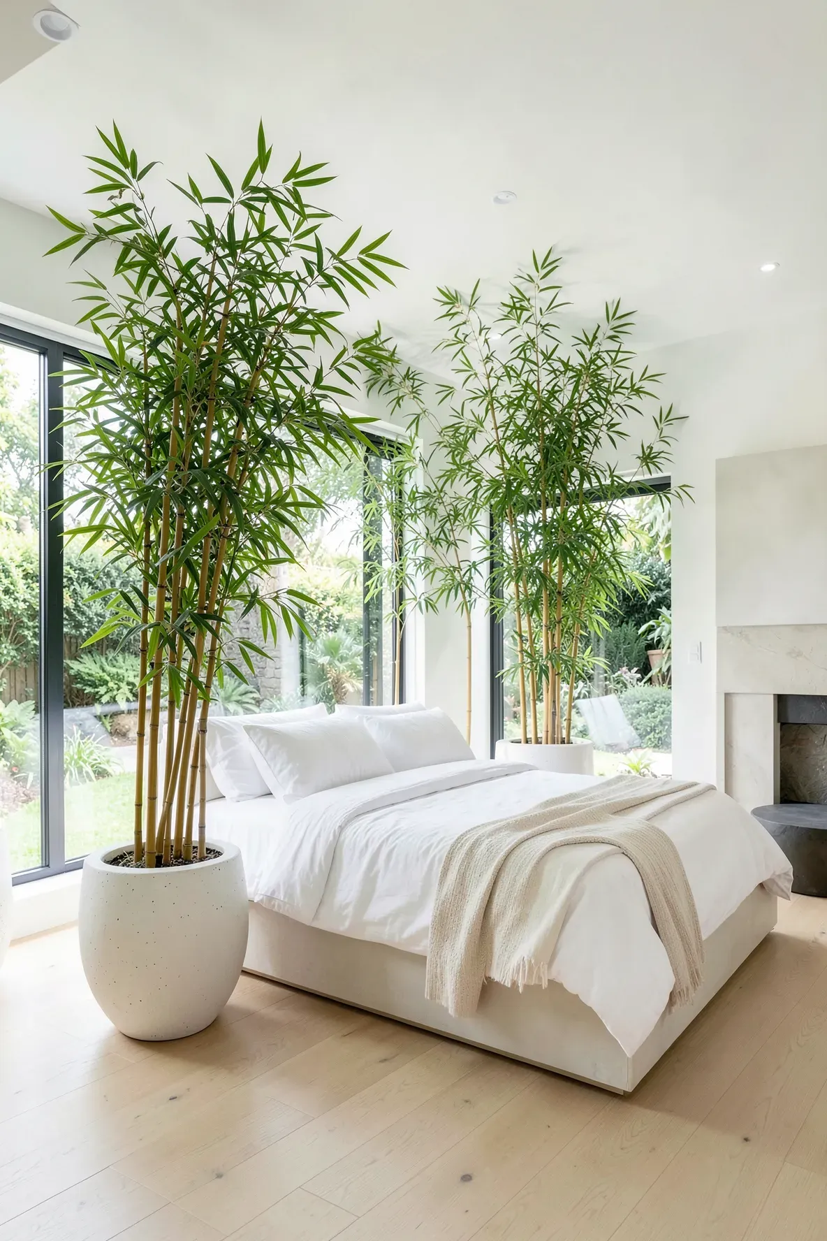 Tall green bamboo plants in large white ceramic pots decorating the corners of a bright, airy bedroom.