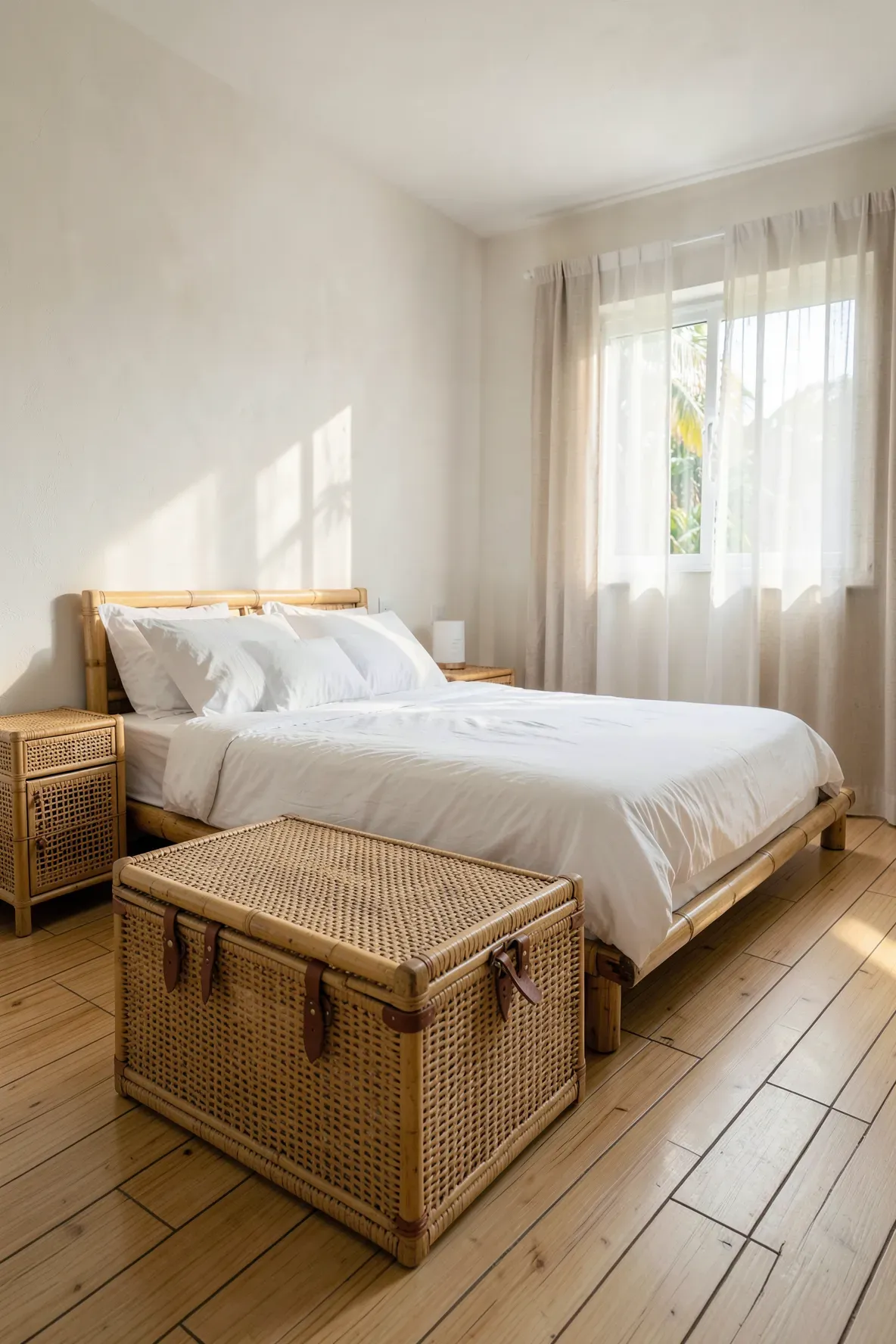 A large woven rattan trunk with leather straps at the foot of a bed in a bright bamboo-themed bedroom.