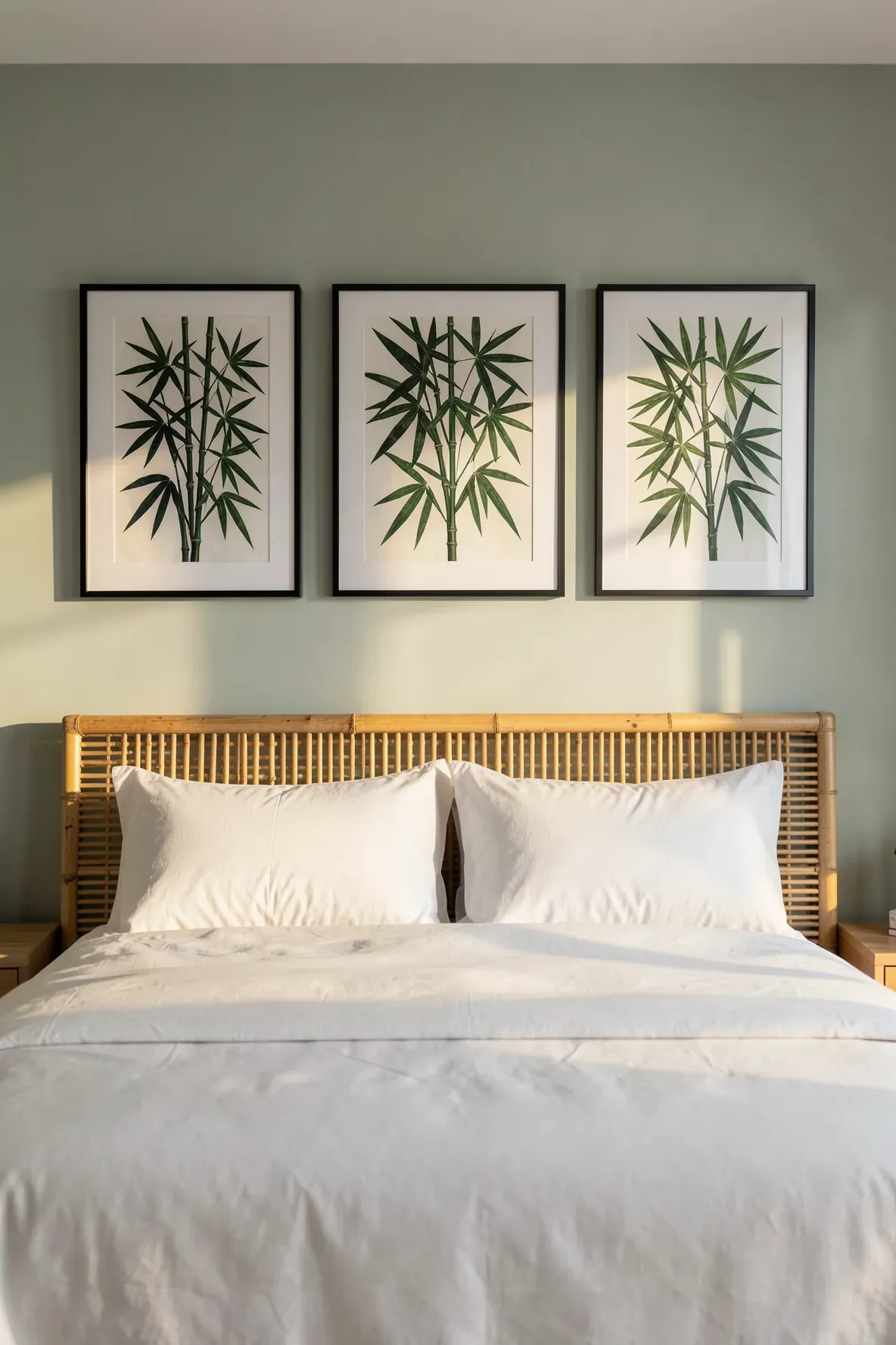 Three framed bamboo leaf prints arranged in a row on a sage green wall above a bamboo bed.