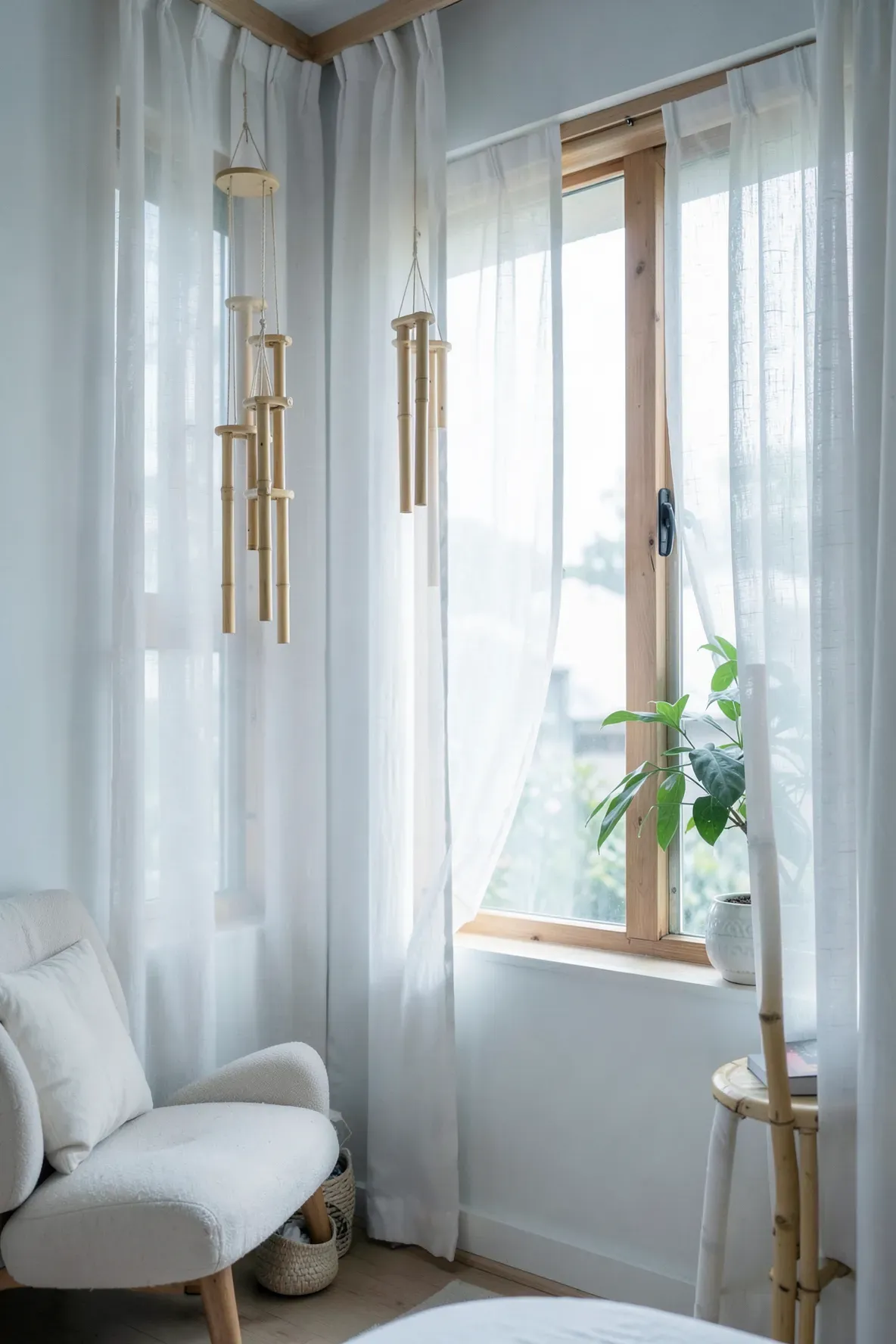 Bamboo wind chimes hanging by an open bedroom window with soft white curtains blowing in the breeze.