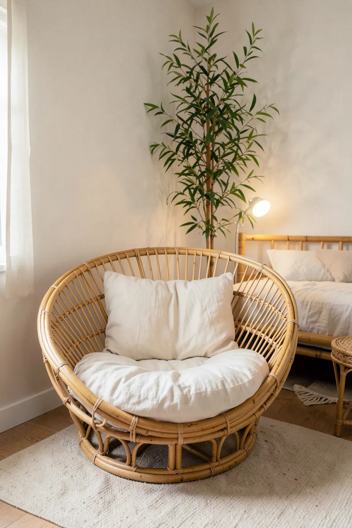 A round rattan Papasan chair with a cream cushion in a cozy corner of a bamboo-themed bedroom.