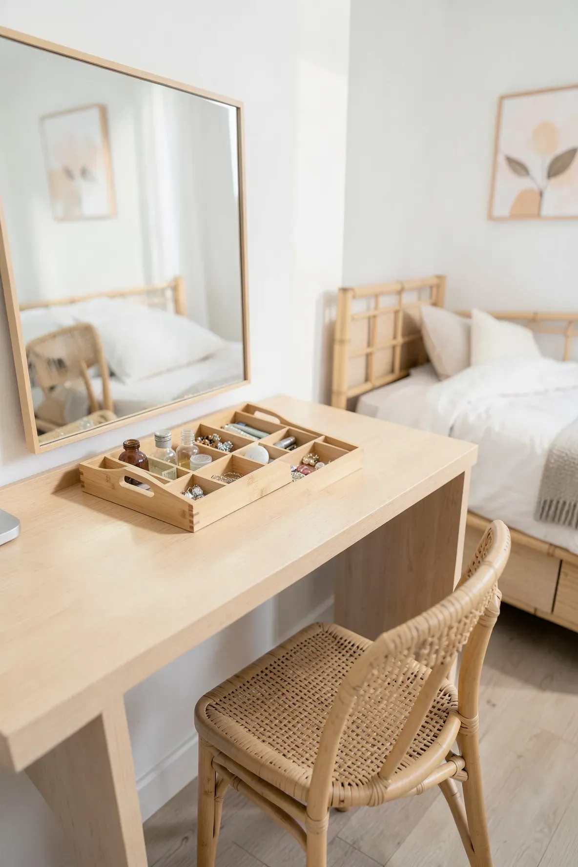 A bamboo organizer on a wooden vanity desk in a clean and bright minimalist bedroom.