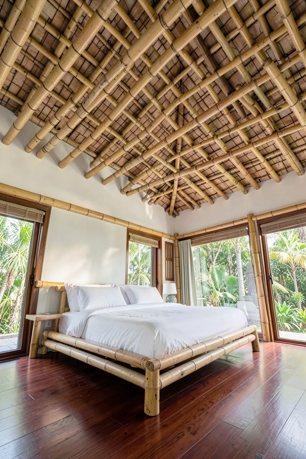 A wide-angle view of a relaxing bedroom featuring thick natural bamboo beams across a high ceiling.