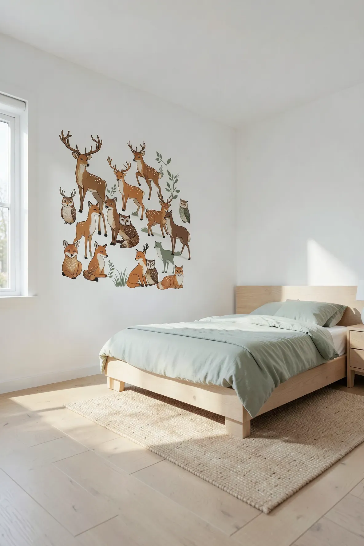 A modern kids bedroom with cute woodland animal vinyl decals on a clean white wall.
