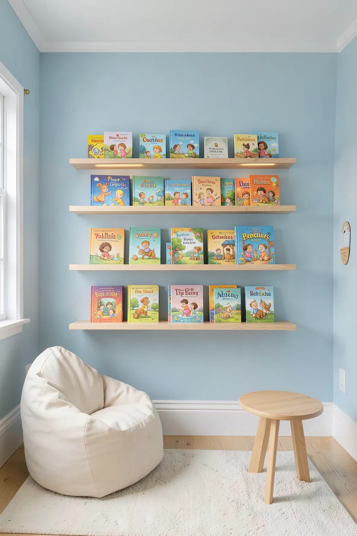 Floating wooden shelves on a blue wall displaying colorful children's books in a tidy room.