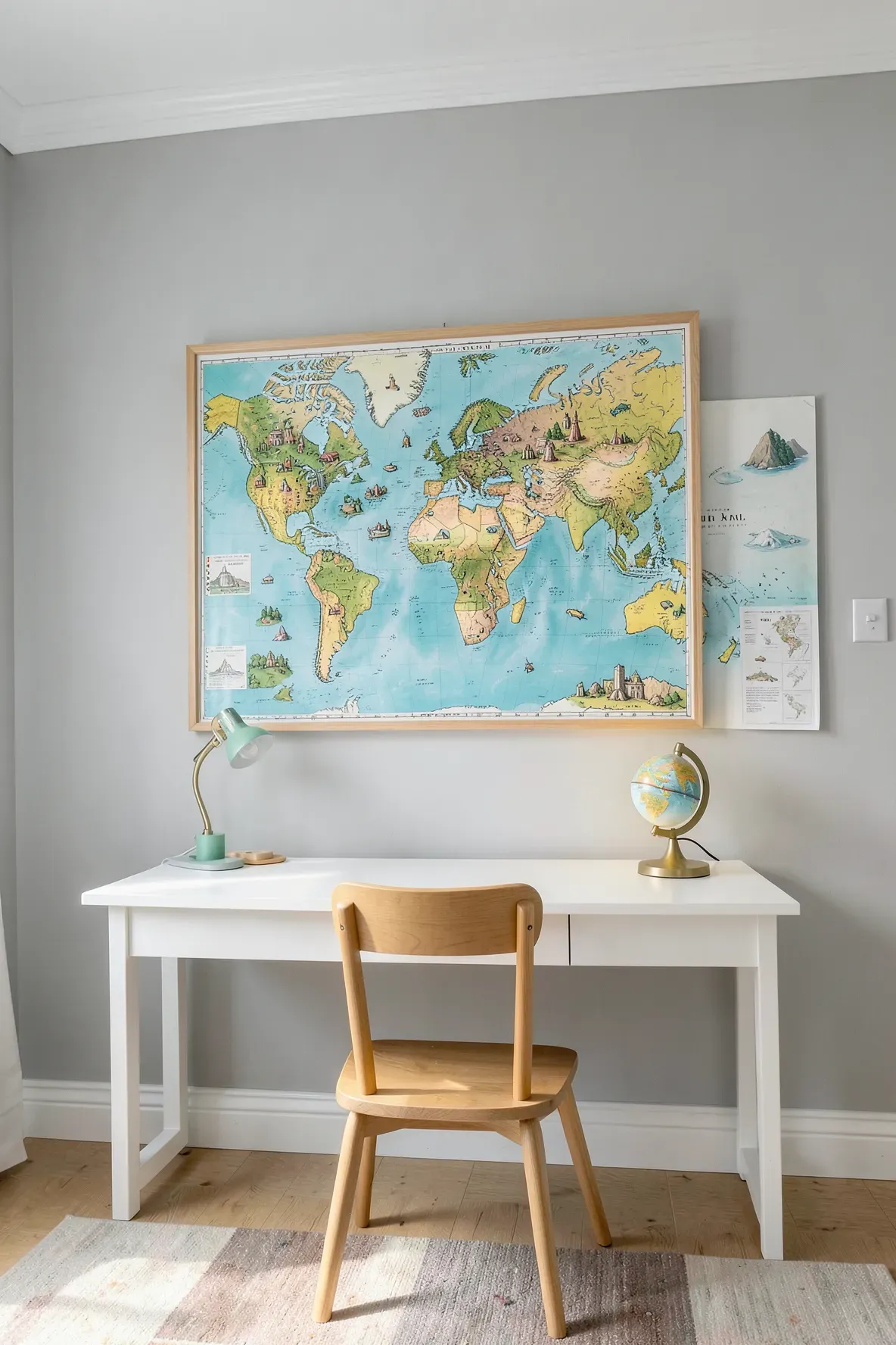 A large framed illustrated world map hanging above a white desk in a bright child's room.