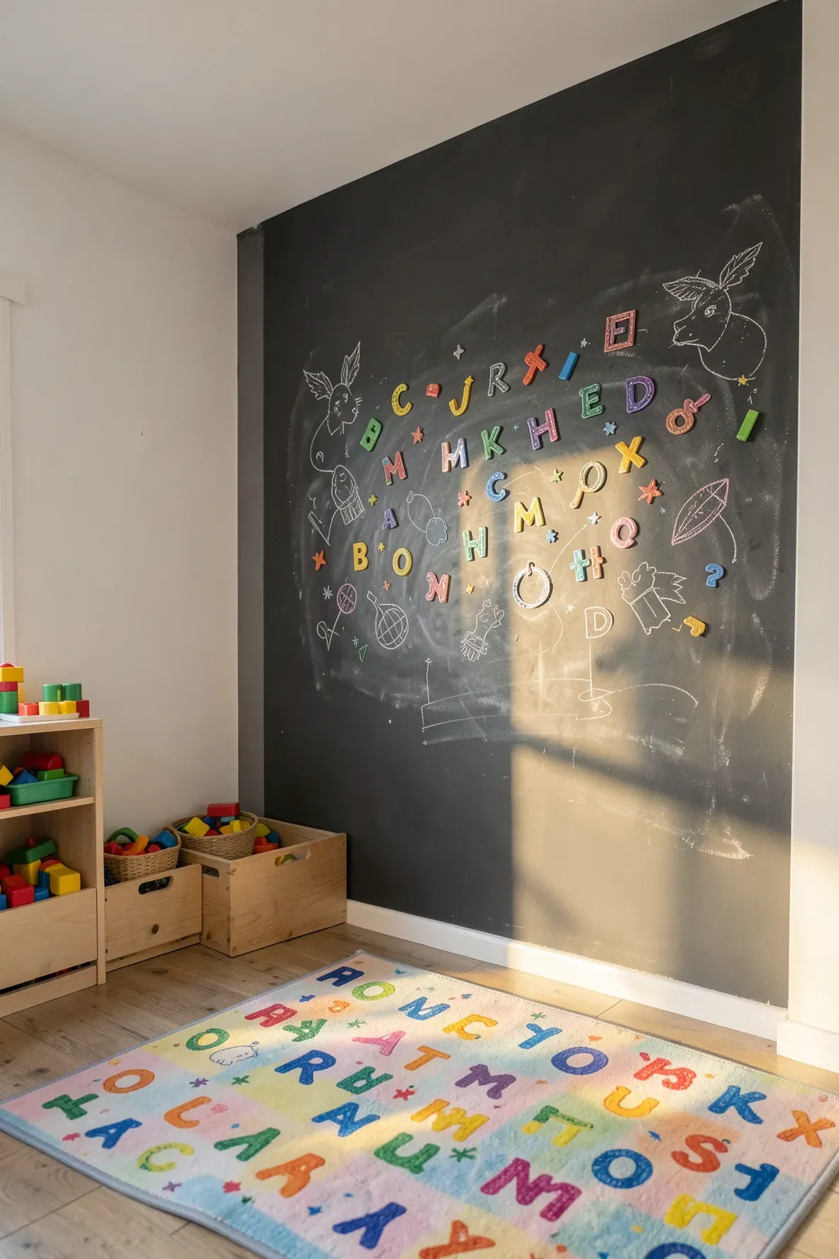A charcoal chalkboard wall with colorful magnetic letters and chalk drawings in a playroom.