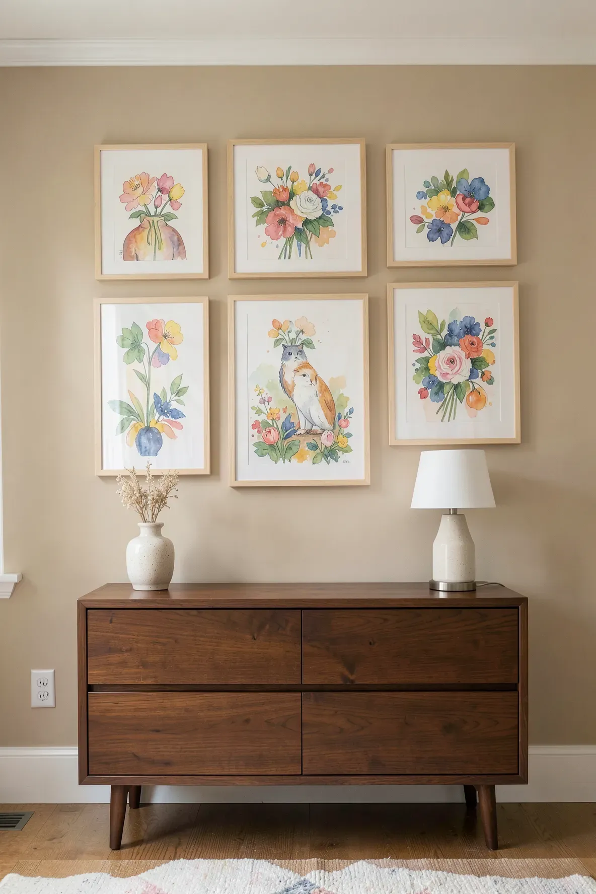 A gallery wall of framed children's watercolor paintings above a wooden dresser.
