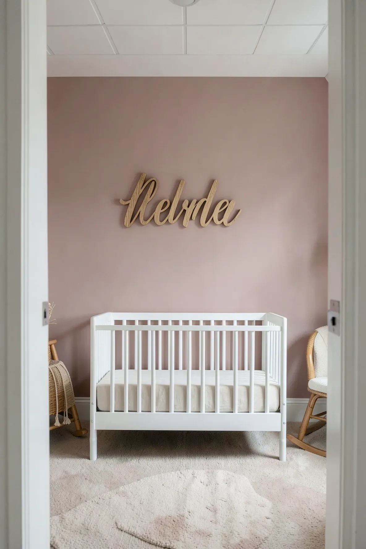 A custom wooden name sign hanging on a dusty rose wall above a white crib in a nursery.
