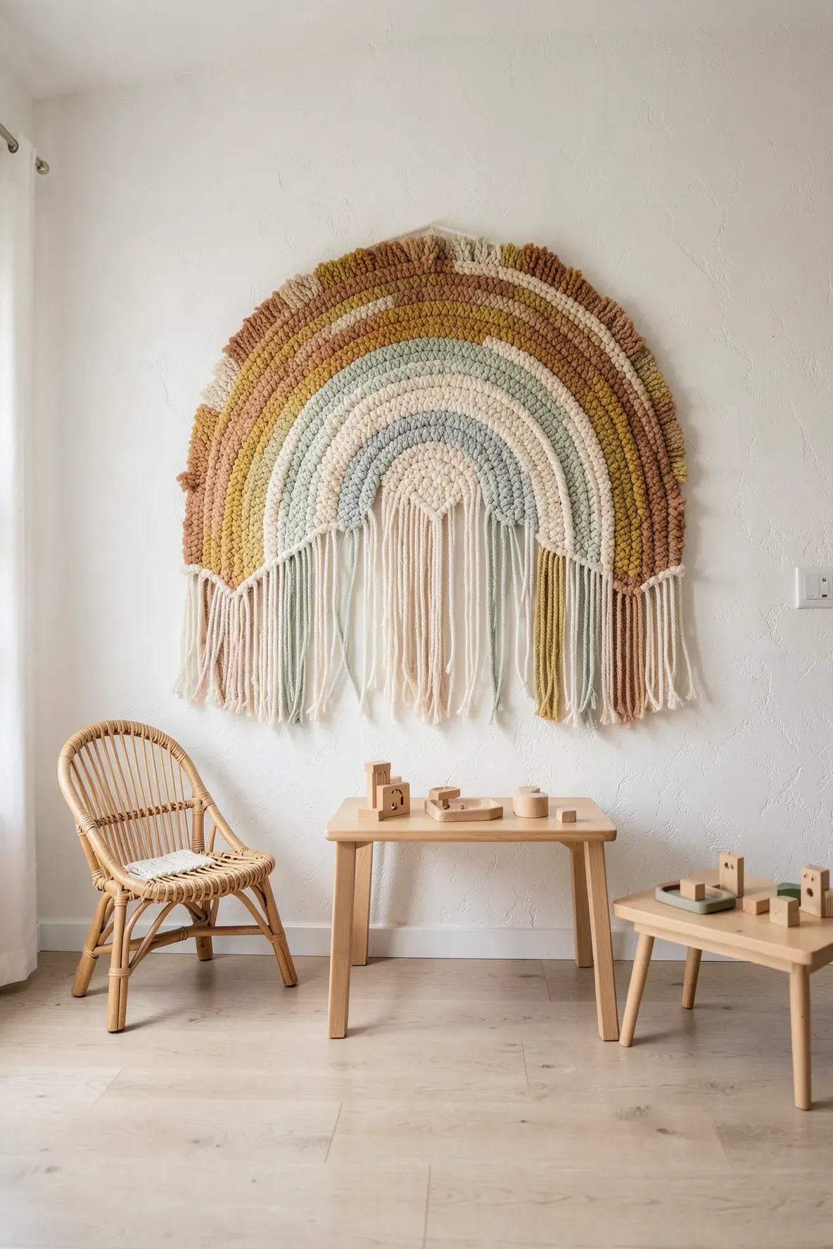 A colorful macramé rainbow wall hanging in a cozy, bohemian-style child's bedroom.