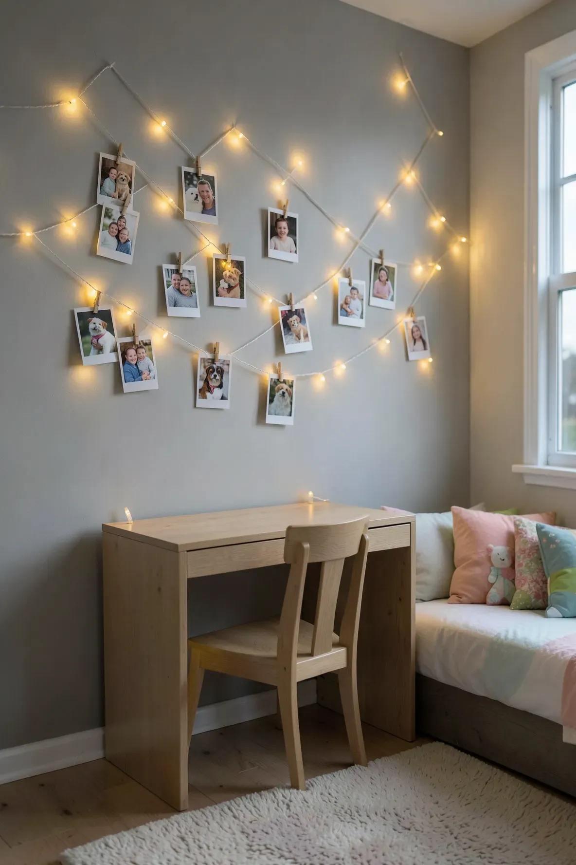 A string of glowing LED lights with family photos clipped to a wall in a child's bedroom.
