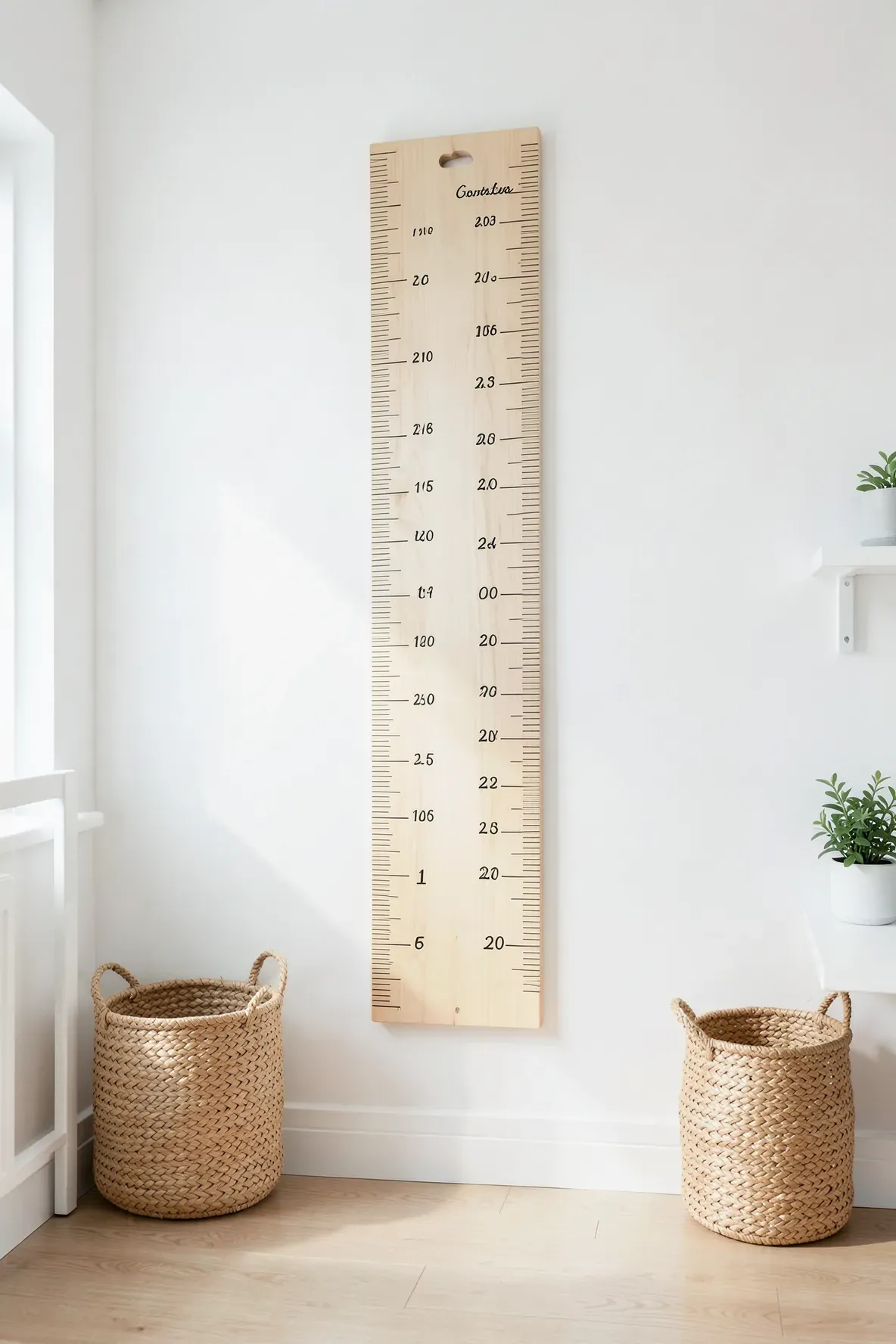 A vertical wooden ruler growth chart hanging on a white wall in a bright, modern nursery.