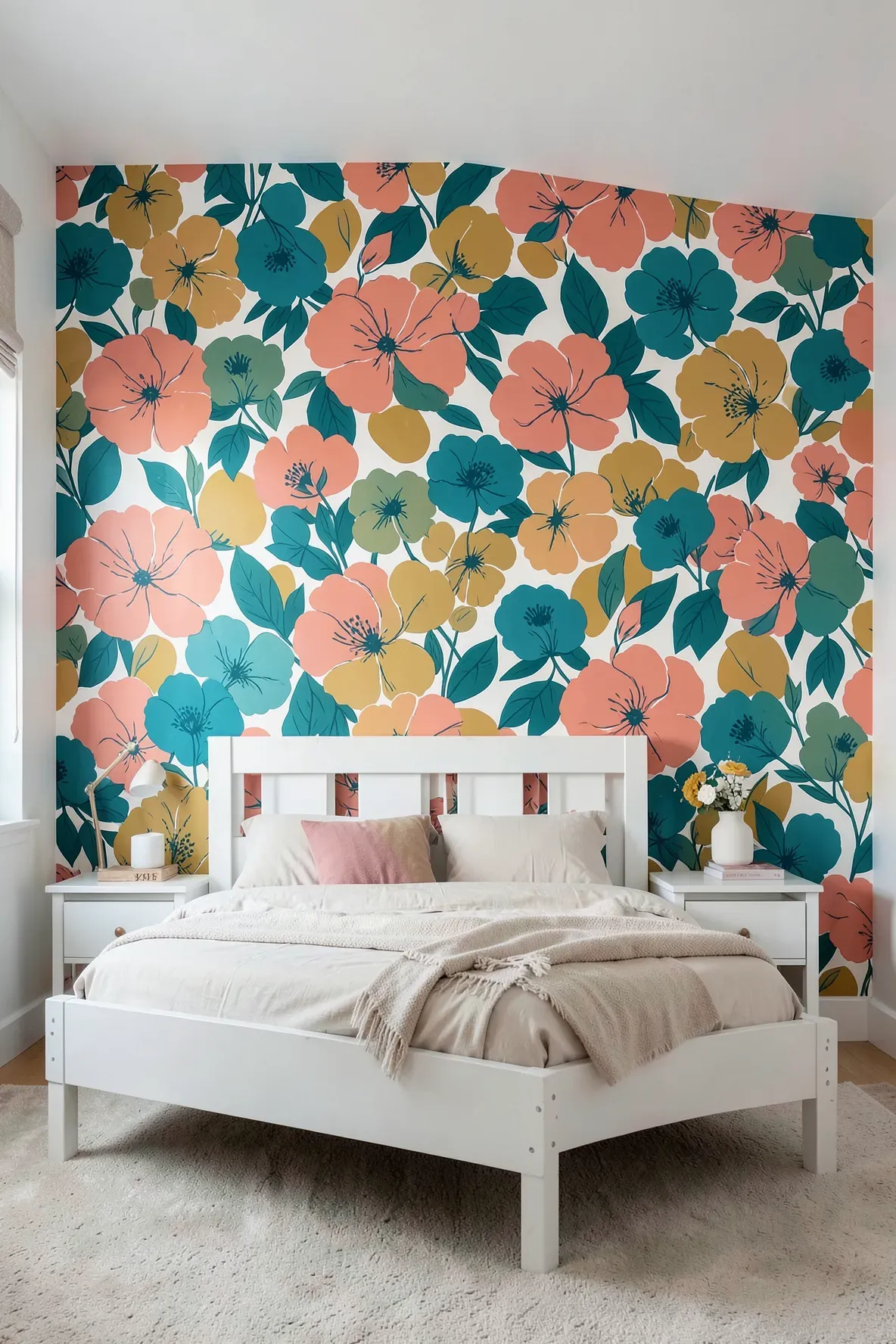 A bold floral wallpaper accent wall behind a white bed in a colorful kids bedroom.