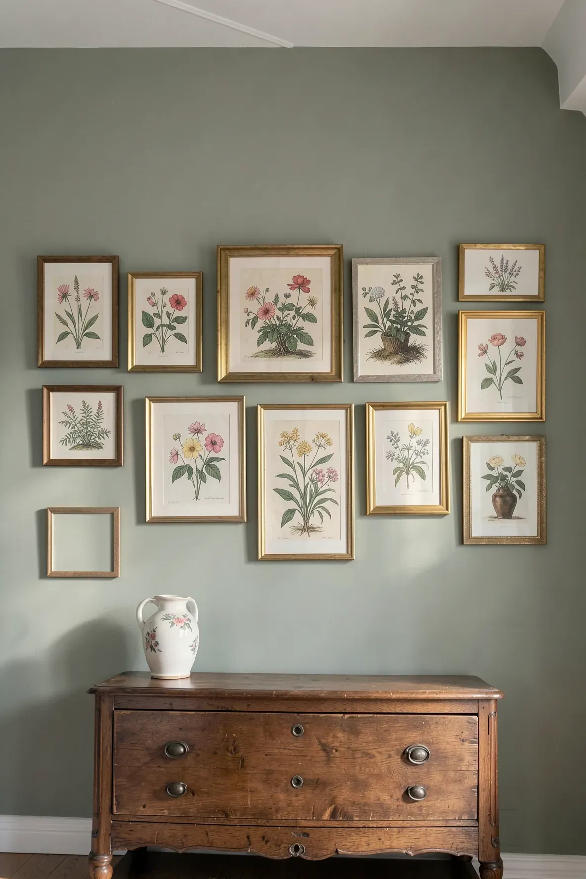 A collection of vintage botanical art prints in various frames on a sage green wall.