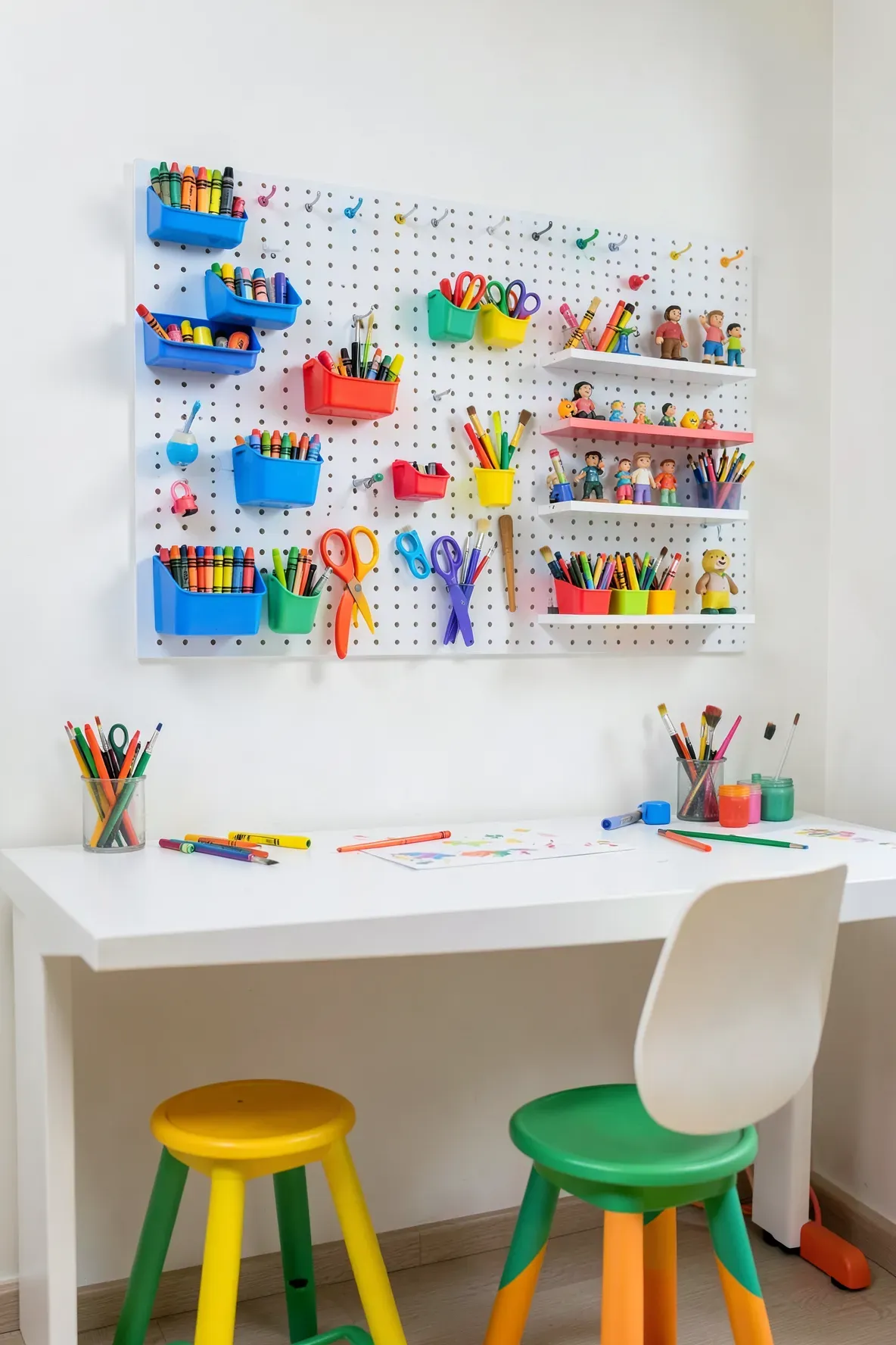 A blue pegboard filled with art supplies and toys mounted above a white desk.