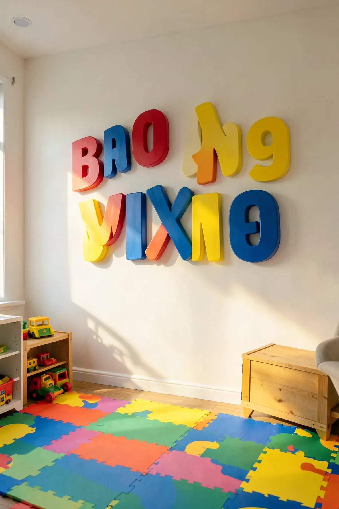 Large 3D primary colored alphabet letters scattered on a playroom wall.