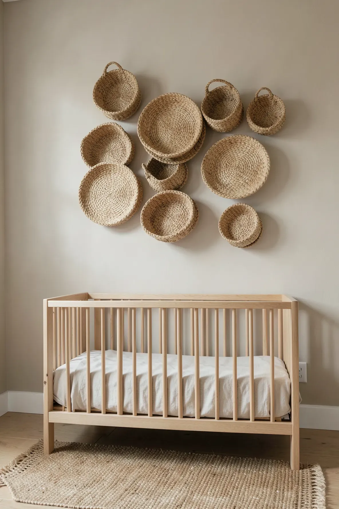 A decorative arrangement of textured woven seagrass baskets mounted on a bedroom wall.