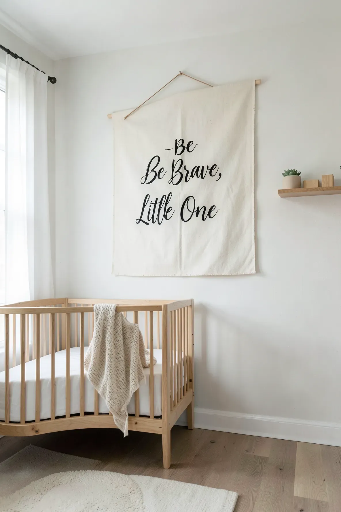 A natural canvas banner with hand-lettered inspirational text hanging in a bright, modern nursery.