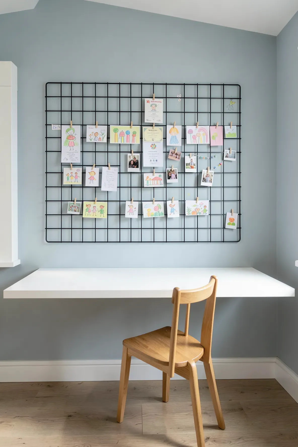 A black metal wire grid on a blue wall displaying children's drawings and school work above a desk.