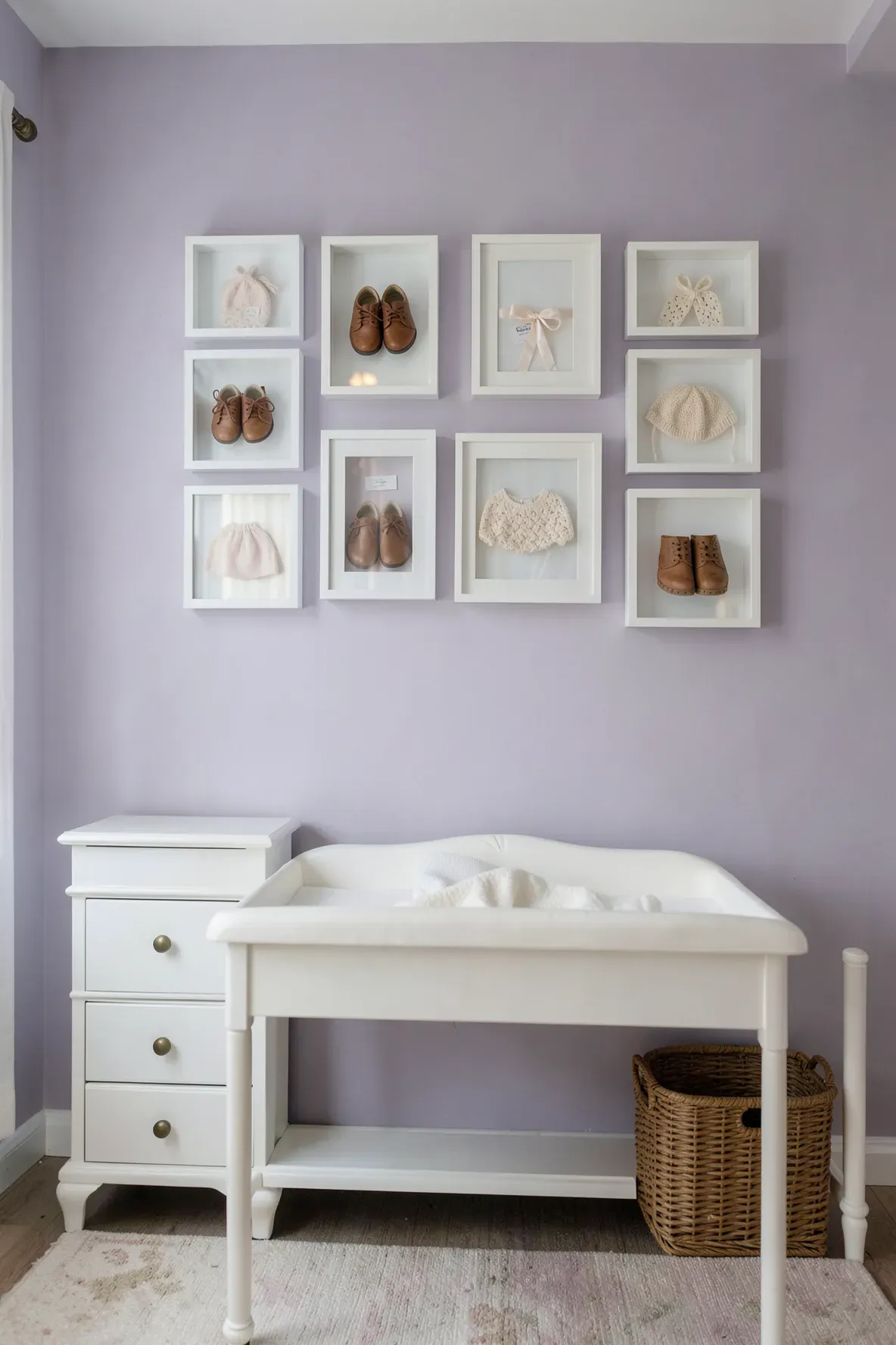 Shadow boxes containing baby keepsakes like first shoes and a bonnet displayed on a nursery wall.