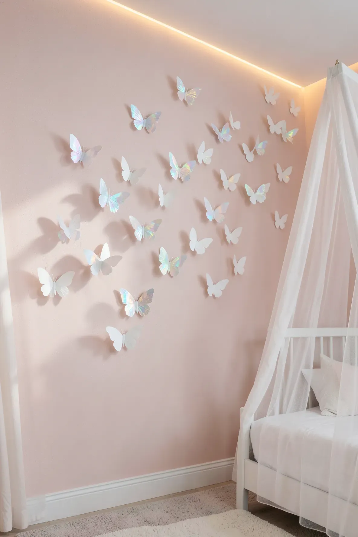 Dozens of 3D white paper butterflies arranged in a flying pattern across a soft pink bedroom wall.