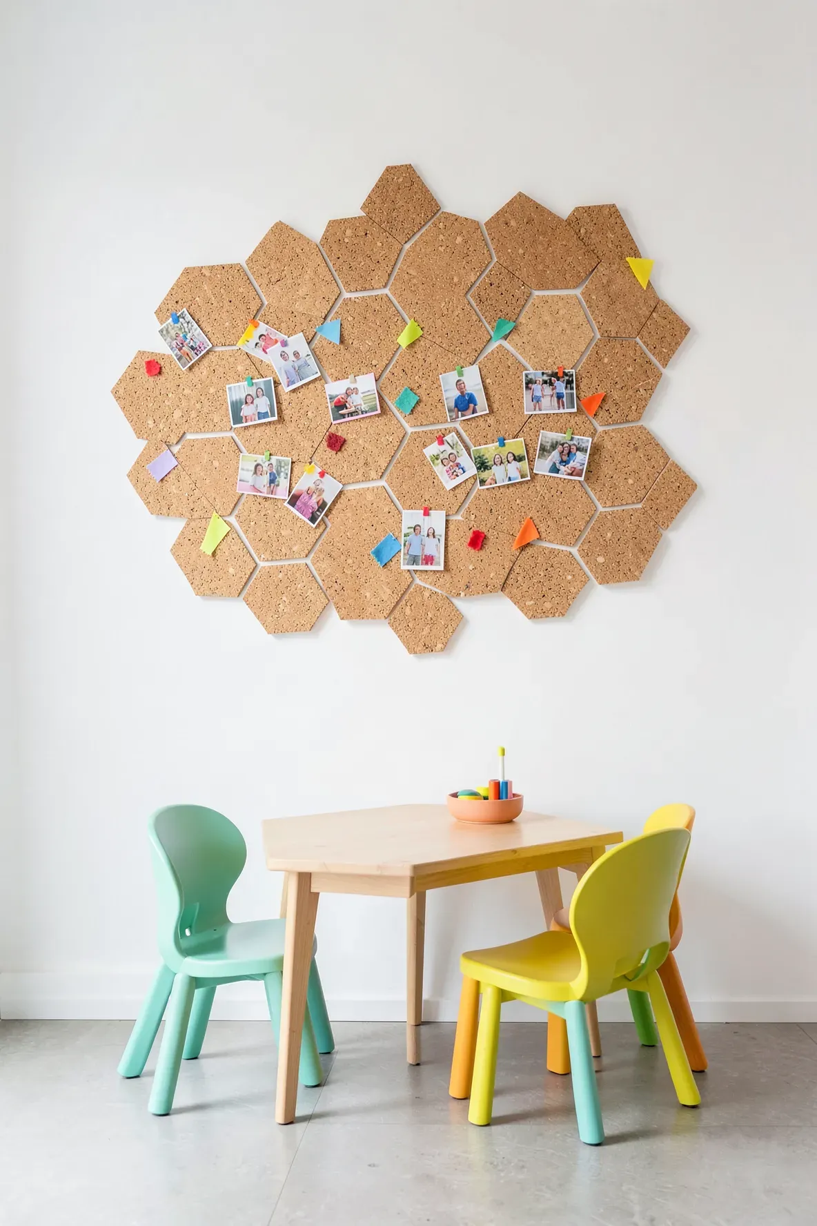A honeycomb arrangement of hexagon cork tiles on a wall used for pinning photos and notes.