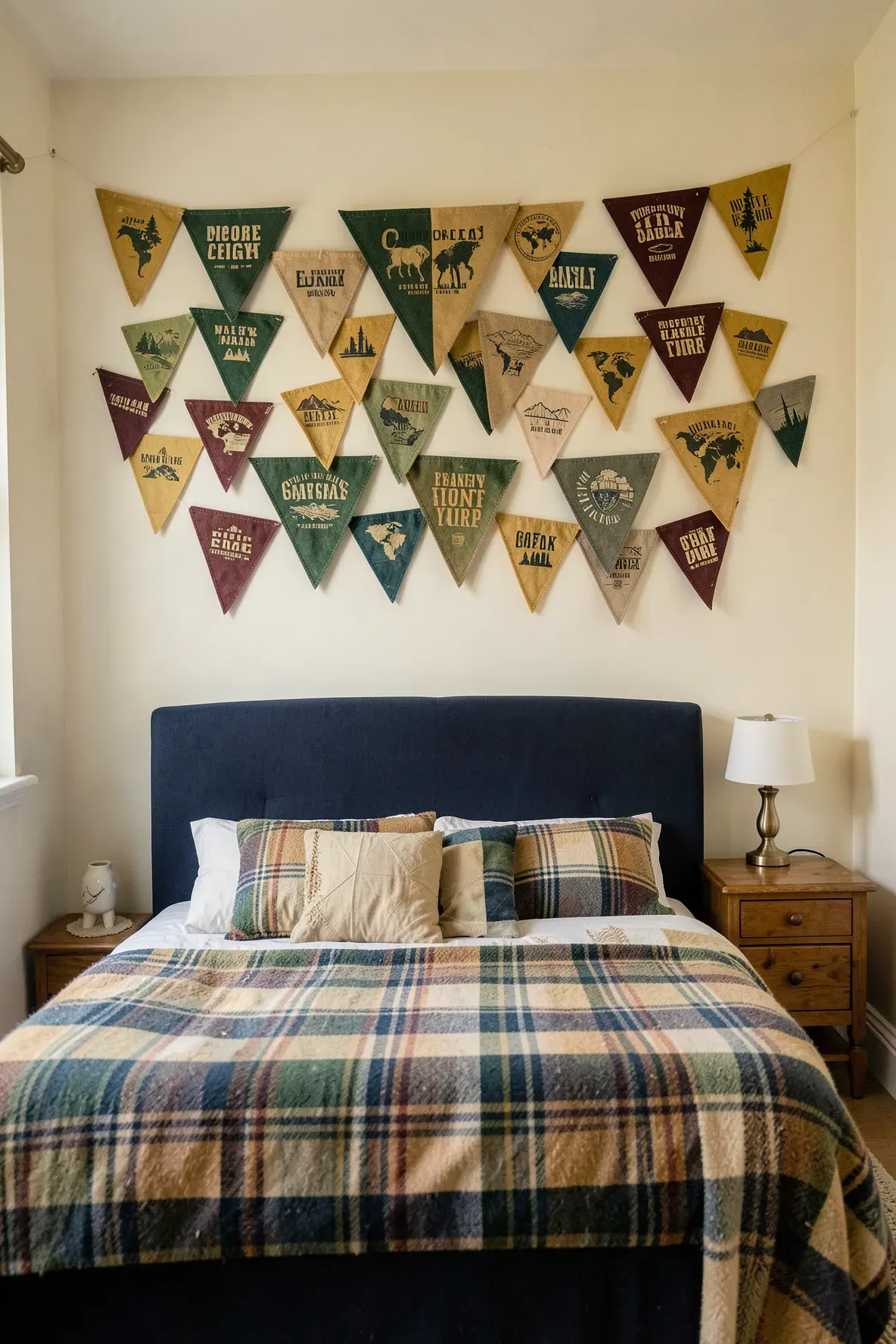 A collection of vintage felt travel pennants displayed on a bedroom wall above a bed.