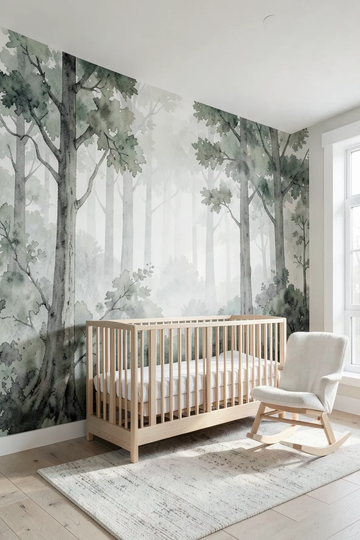 A nursery wall featuring a large watercolor forest mural in soft greens and grays.