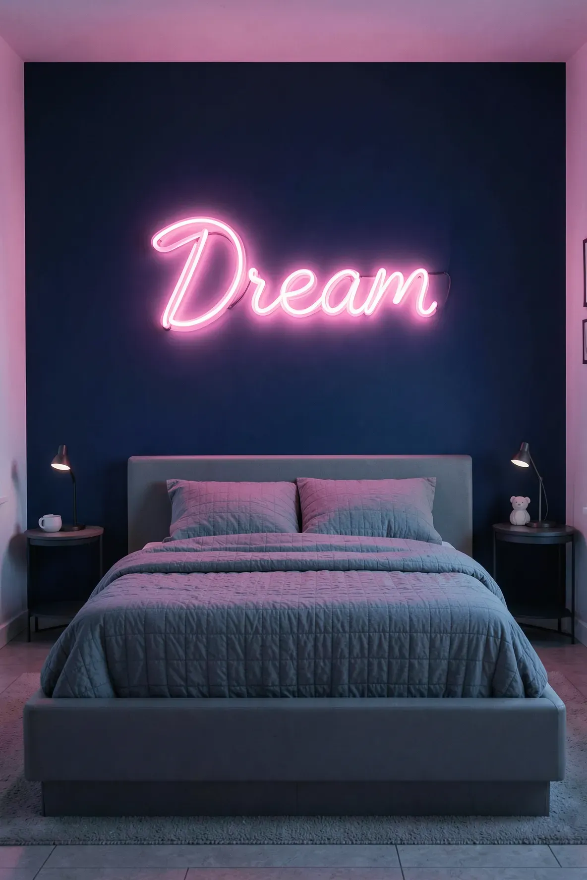 A pink LED neon sign saying Dream glowing on a navy blue kids bedroom wall.