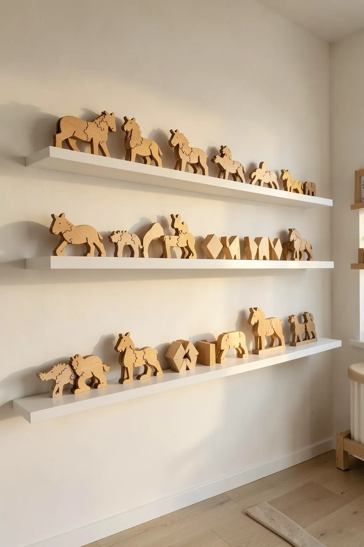 Wooden puzzles displayed on narrow white ledges in a clean, bright playroom.