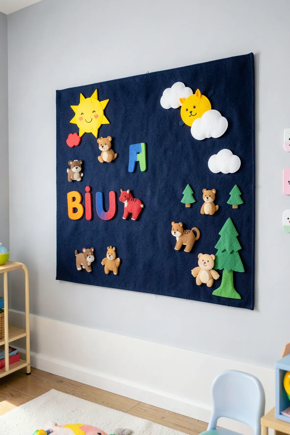 A large navy felt board with colorful animal shapes mounted on a playroom wall.