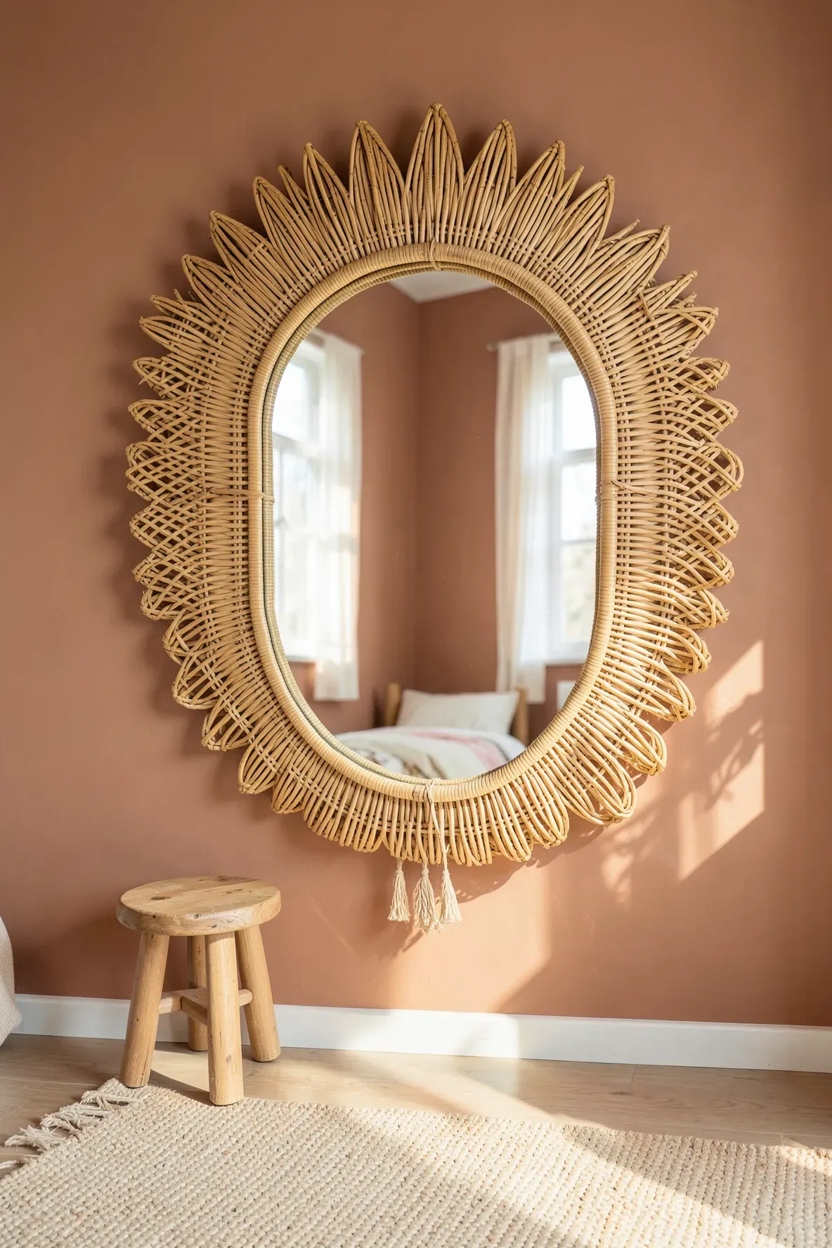 A lion-shaped rattan mirror hanging on a warm terracotta wall in a child's room.