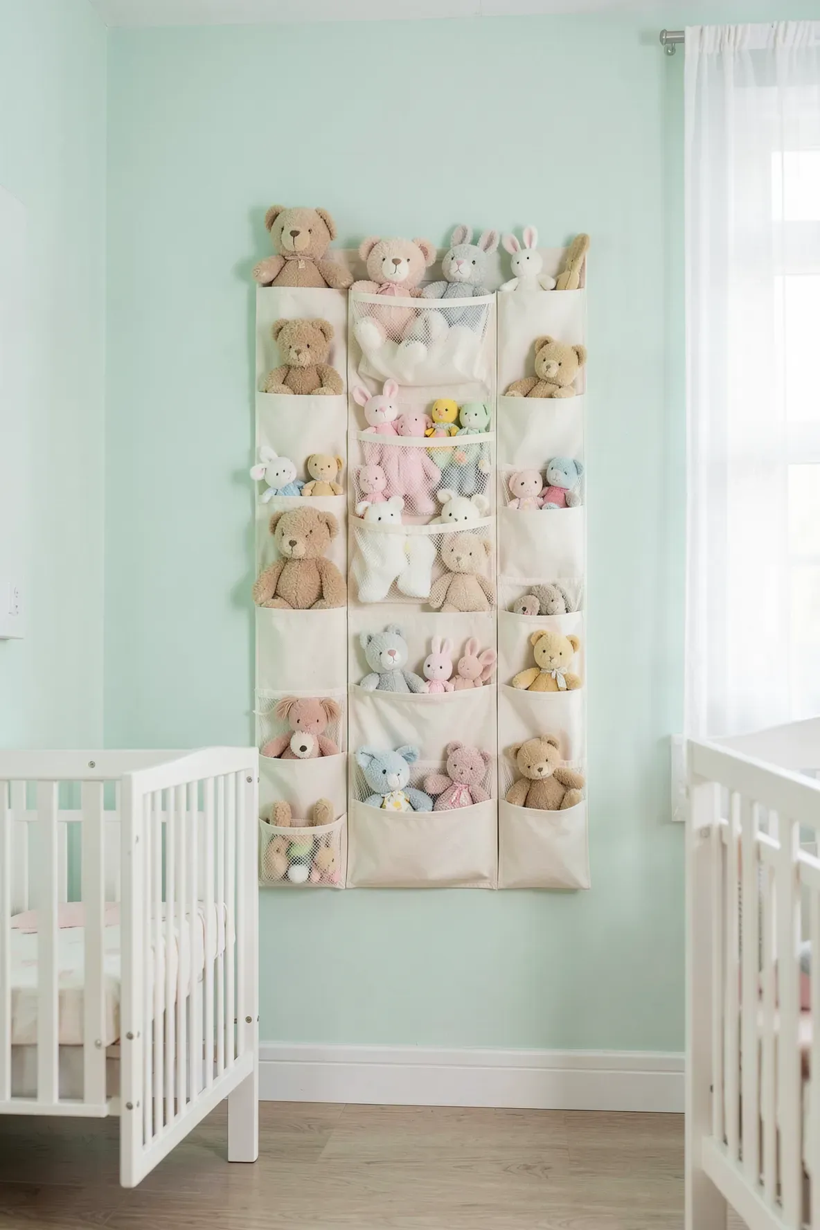 A cream fabric wall organizer holding plush toys in a mint green nursery.