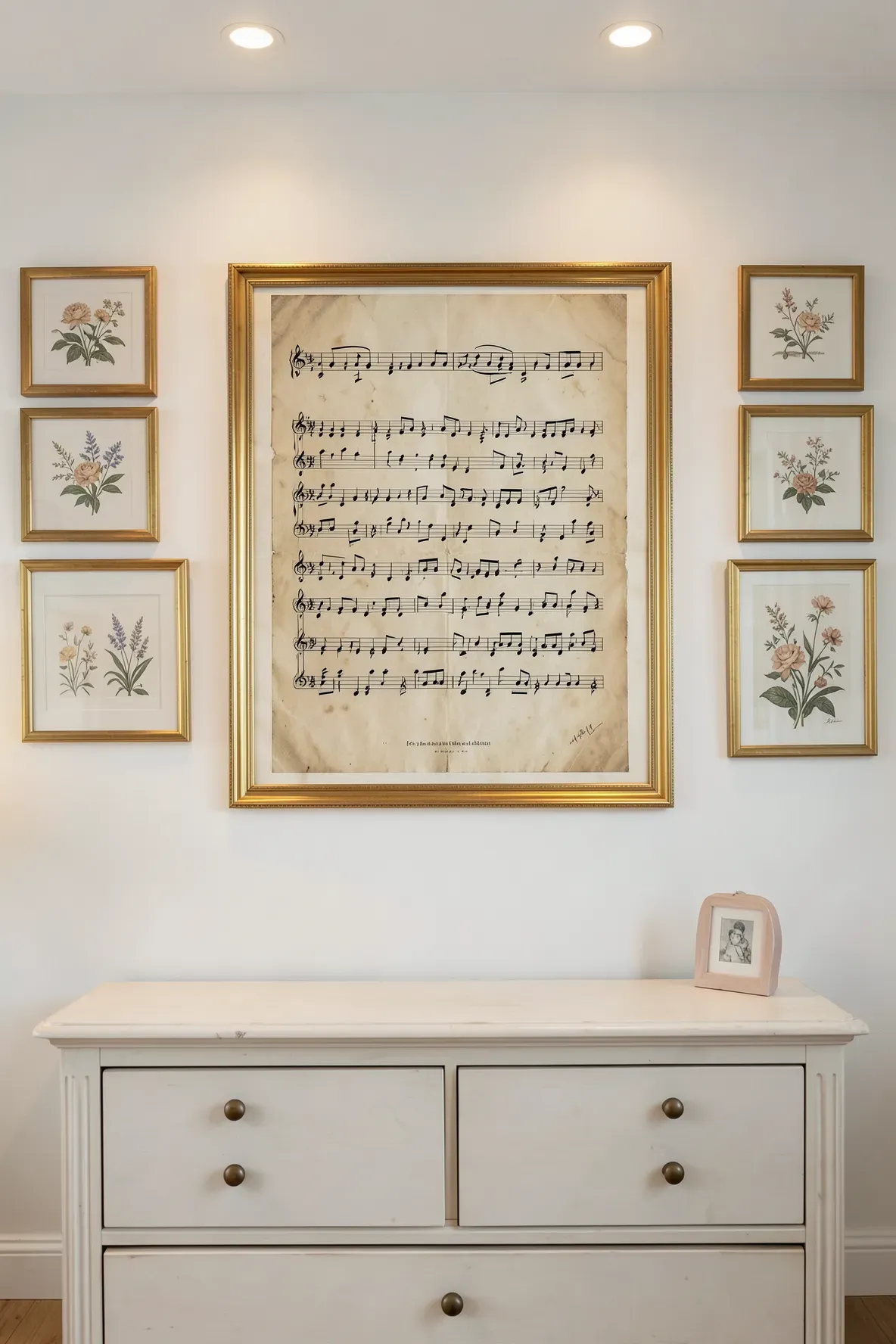 Framed vintage sheet music as part of a gallery wall in a classic nursery.