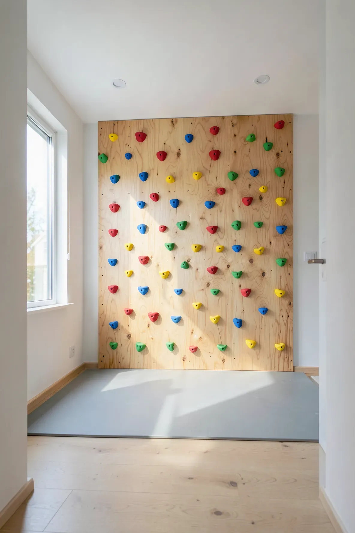 A modern kids bedroom featuring a natural plywood climbing wall with colorful holds and a safety mat.