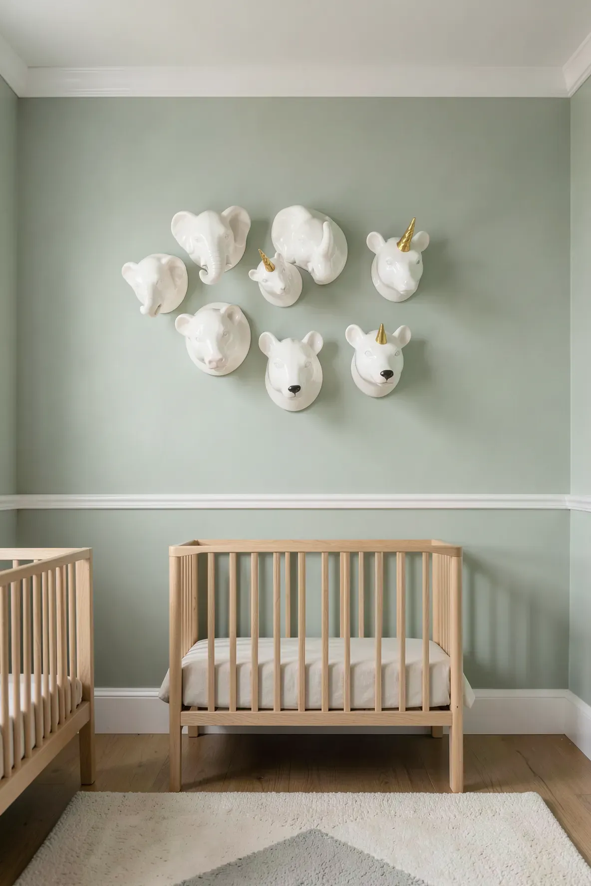 A nursery wall decorated with a cluster of white ceramic animal heads above a wooden crib.