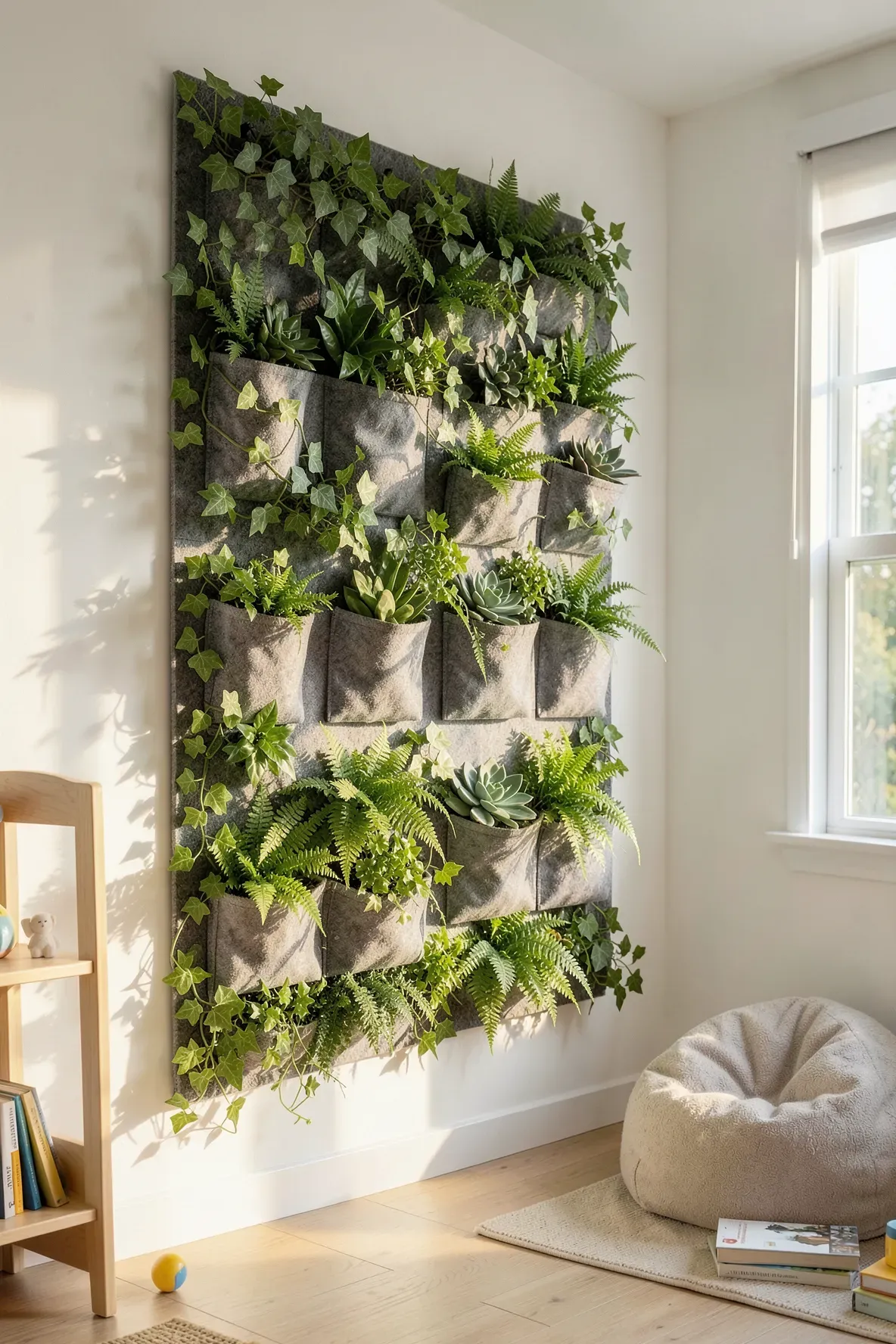 A vertical garden with fabric pockets filled with artificial greenery on a white kids room wall.
