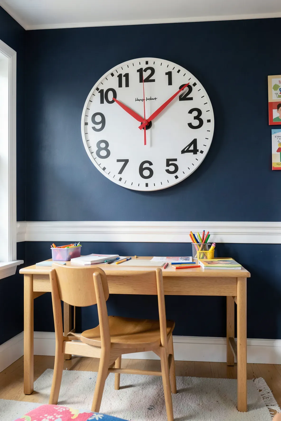 A large wall clock with bold numbers mounted on a navy blue wall above a kids study desk.