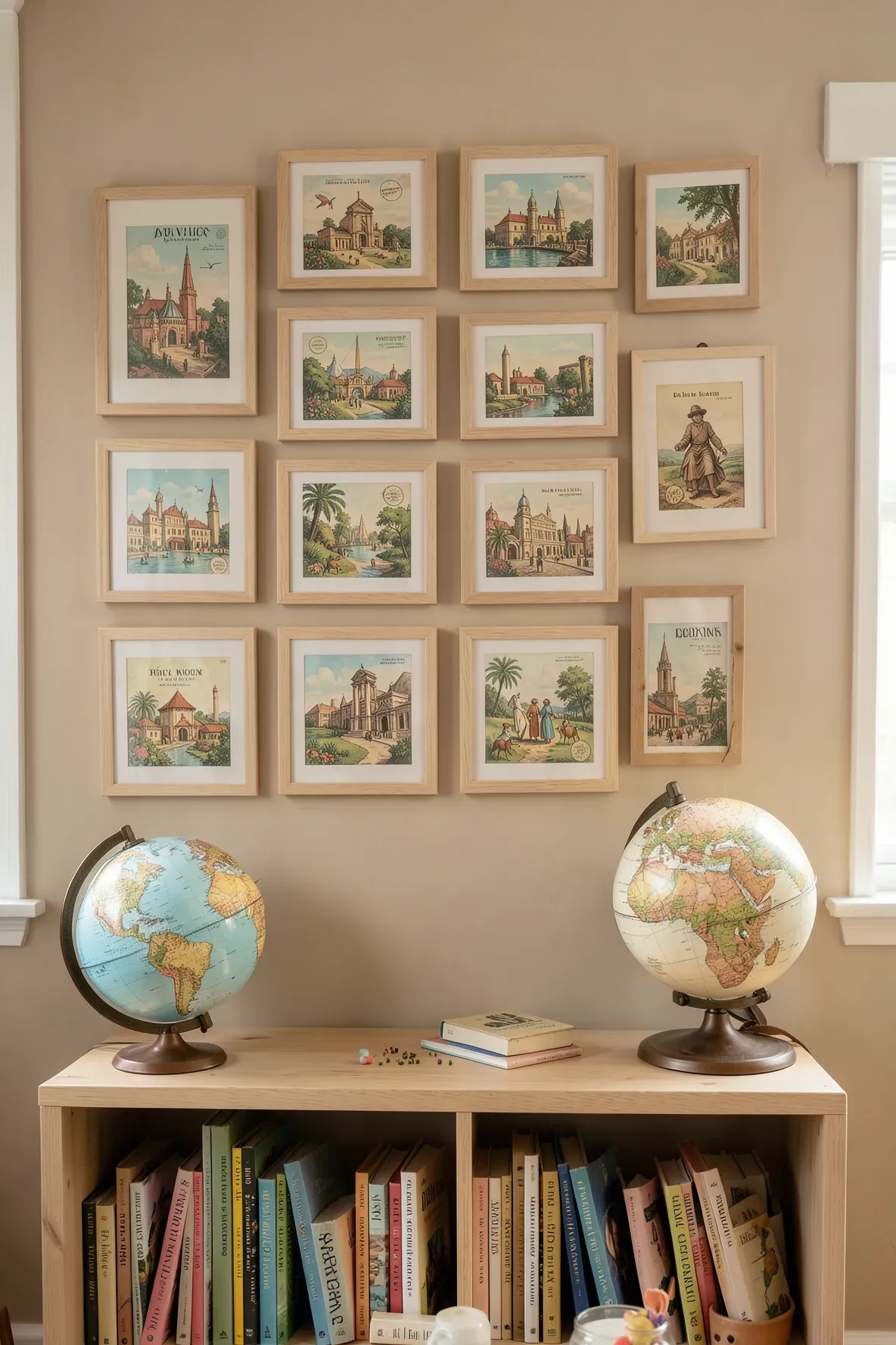A grid of framed vintage postcards displayed on a beige wall in a travel-themed kids room.