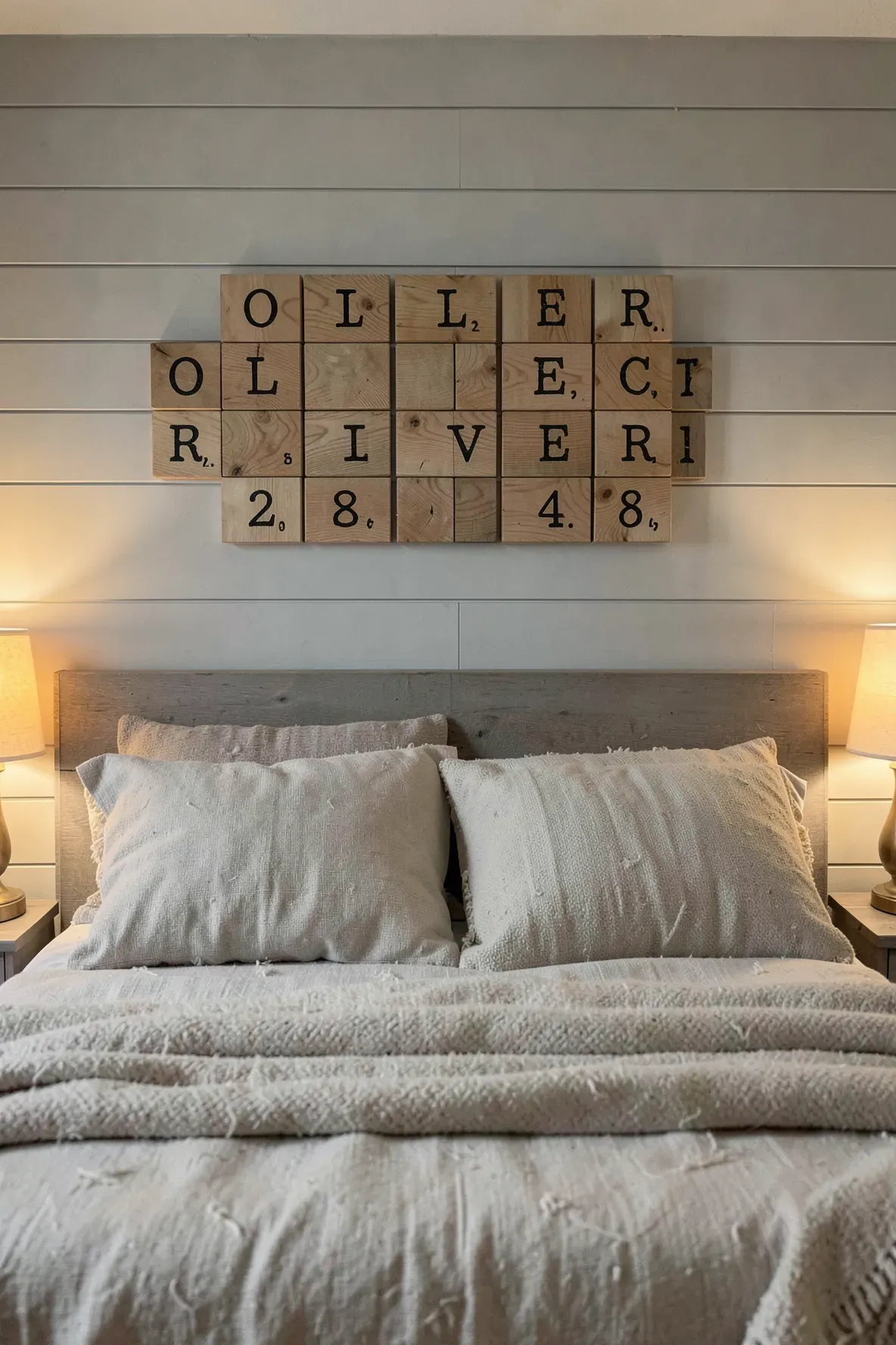 Large wooden Scrabble-style tiles spelling a name on a gray shiplap wall in a kids bedroom.