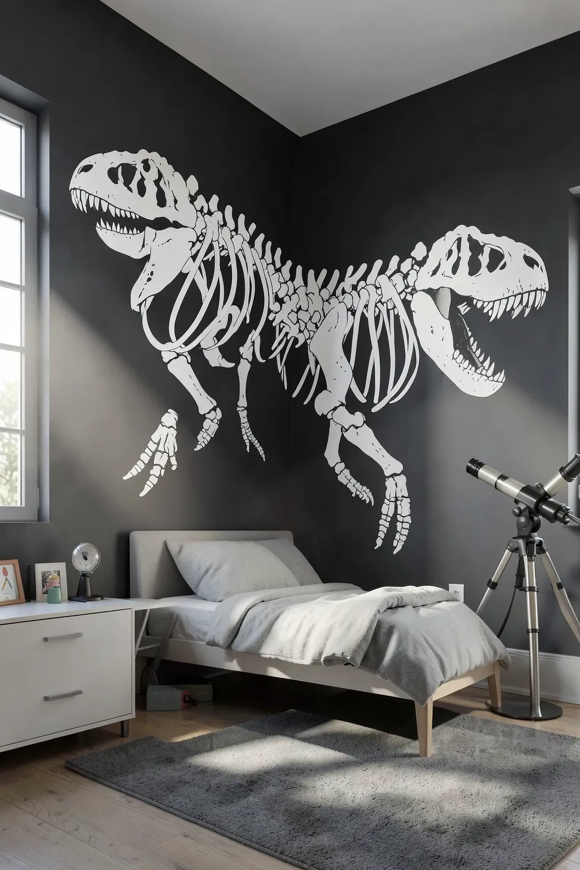 Large white dinosaur skeleton decals on a charcoal gray wall in a modern kids bedroom.