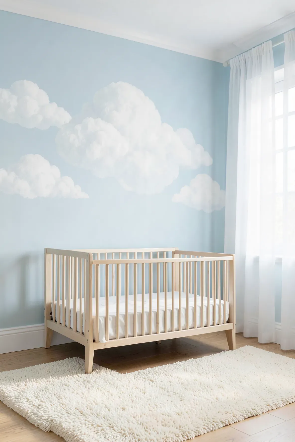 A nursery wall painted soft blue with hand-painted white sponge clouds above a wooden crib.