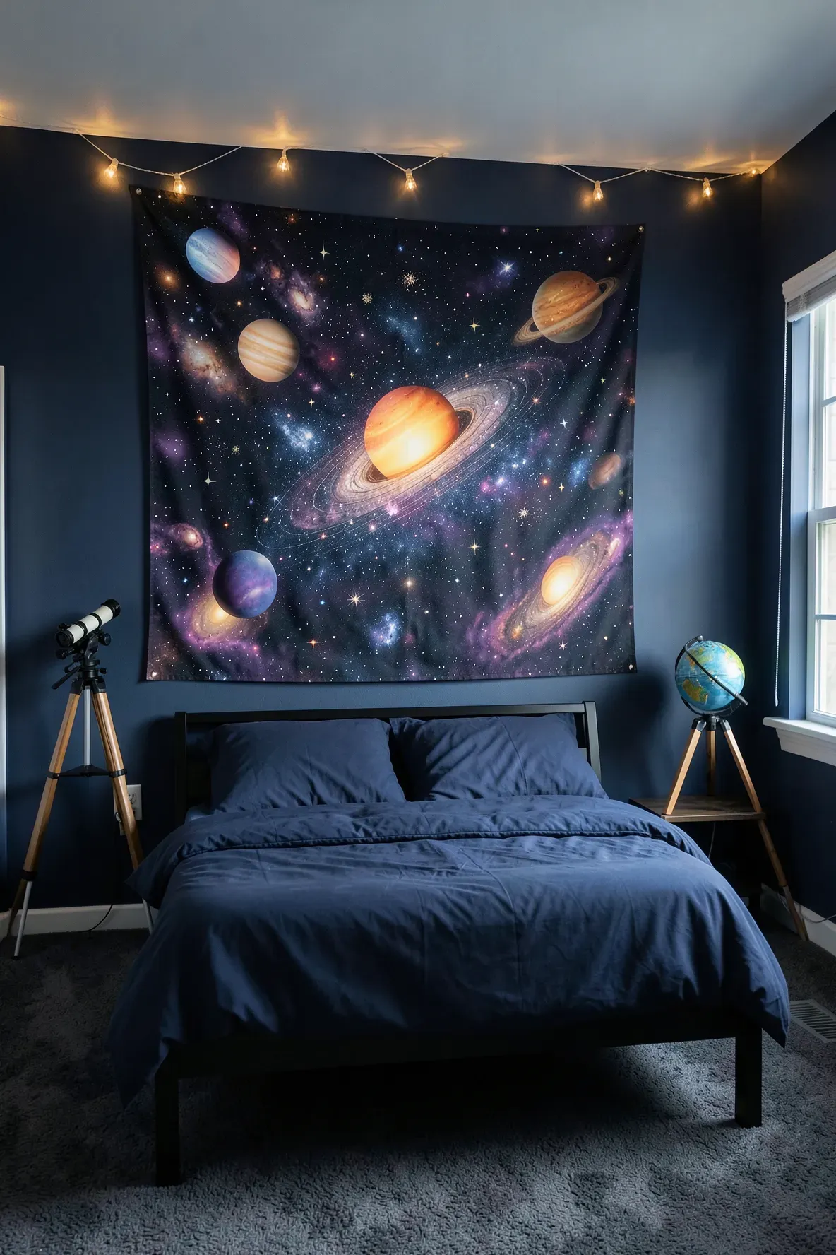 A large galaxy print tapestry hanging on a navy blue wall in a child's space-themed bedroom.