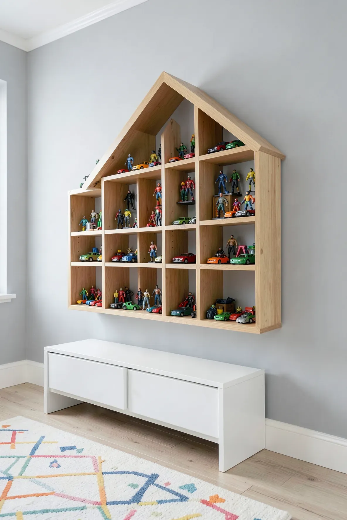 A house-shaped wooden shelf on a grey wall filled with small action figures and toy cars.