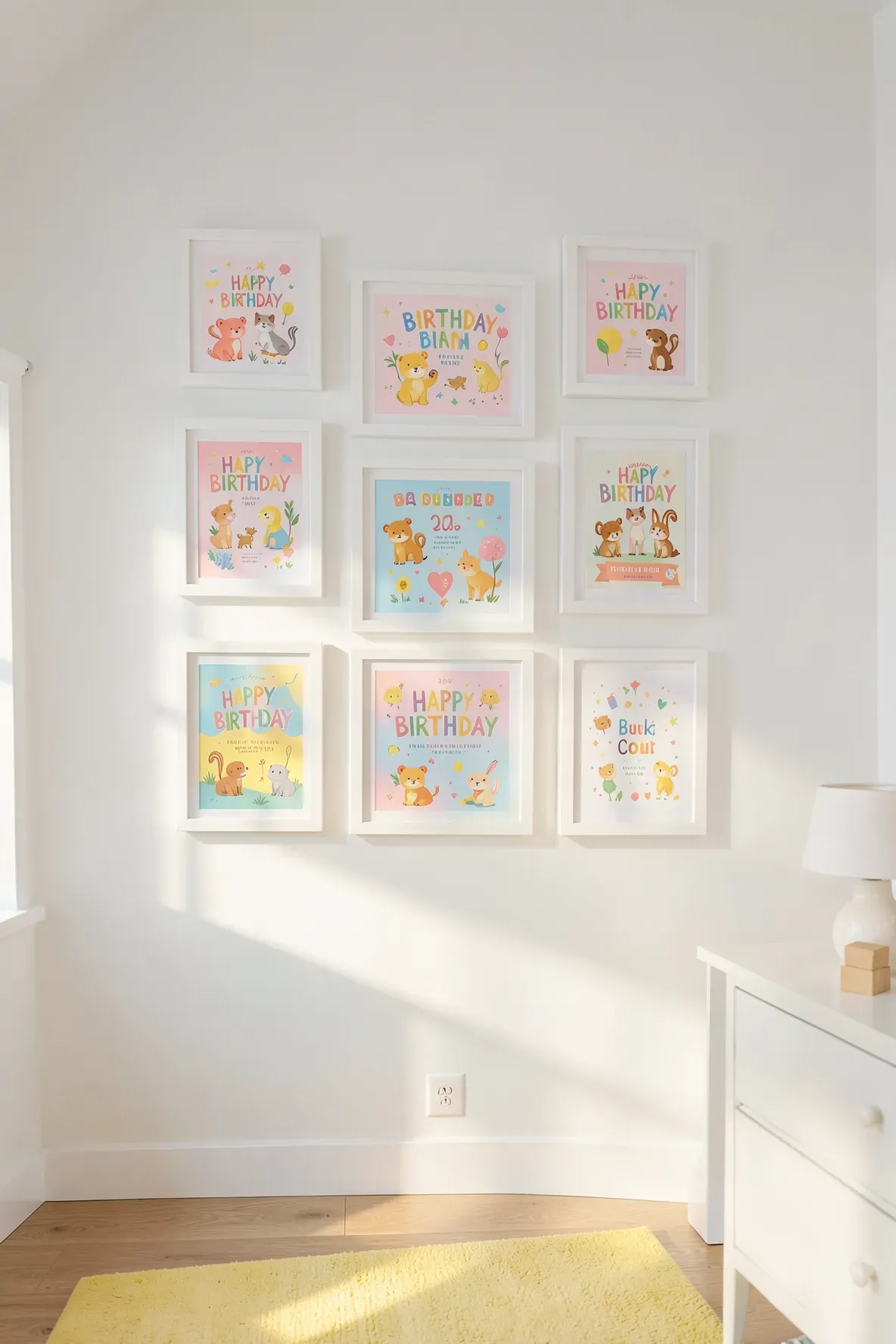 A grid of framed colorful birthday cards and invitations hanging on a bright white wall.